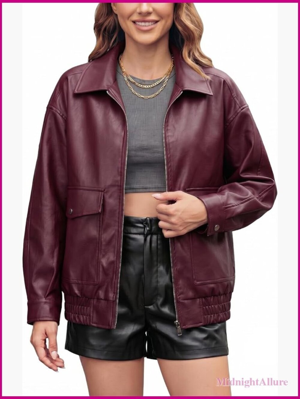Oversize Faux Leather Motorcycle Jacket with Pockets